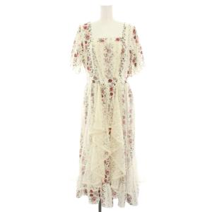 薔薇柄ラッフルチュールワンピース 花柄 半袖 スクエアネック レース ロング マキシ F 白 ホワイト