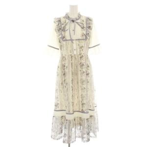 ストライプローズ柄レースワンピース ロング ミモレ 花柄 五分袖 フリル F 白 パープル 紫 パープル