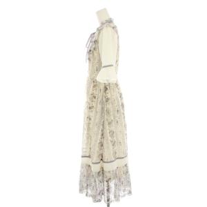 axes femme ストライプローズ柄レースワンピース ロング ミモレ 花柄 五分袖 フリル F 白 パープル 紫 パープル