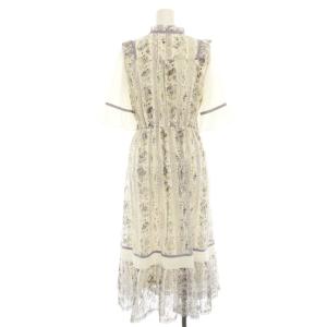 axes femme ストライプローズ柄レースワンピース ロング ミモレ 花柄 五分袖 フリル F 白 パープル 紫 パープル