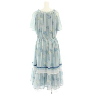 axes femme 紫陽花シフォンワンピース ミモレ ロング ティアード 半袖 ストライプ M 水色 ライトブルー 白 ホワイト