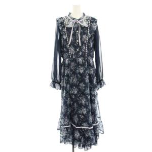 フローラルレースワンピース ロング マキシ 長袖 レース シアー袖 リボン パールボタン L 紺 ネイビー