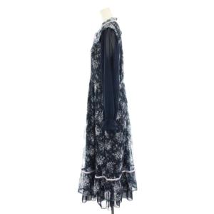 axes femme フローラルレースワンピース ロング マキシ 長袖 レース シアー袖 リボン パールボタン L 紺 ネイビー