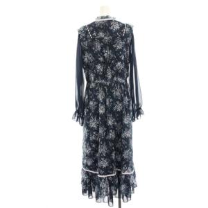 axes femme フローラルレースワンピース ロング マキシ 長袖 レース シアー袖 リボン パールボタン L 紺 ネイビー