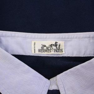 HERMES ポロシャツ 半袖 ボタンダウン レギュラーカラー ハーフボタン 鹿の子 切替 ストレッチ 紺 ネイビー