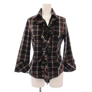 シャツ ブラウス 七分袖 チェック柄 フリル 0 黒 ベージュ 赤 10-62-02-017 /BM