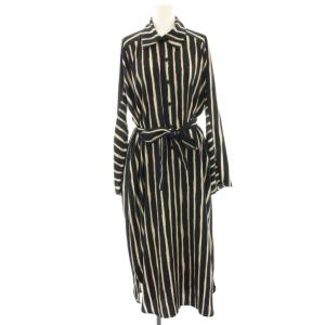 シャツワンピース マキシ ロング ストライプ 長袖 リボン 38 黒 ブラック ベージュ B69501