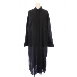 シャツワンピース ミモレ ロング 長袖 レギュラーカラー 無地 ウール 38 黒 ブラック /BB