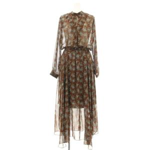 ワンピース ロング 花柄 長袖 シアー 茶 ブラウン 青 ブルー /OR