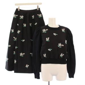 セットアップ カットソー 長袖 クルーネック フレアスカート ミモレ ロング ストレッチ 花柄 デイジー