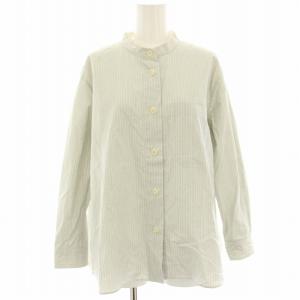 シアサッカーストライプシャツ バンドカラーシャツ ノーカラーシャツ ブラウス 長袖 2 白 ホワイト 黒