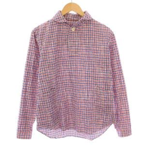 ペンシルチェックシャツ カジュアル プルオーバー 長袖 ハーフボタン M 赤 レッド 青 ブルー LS-3G2