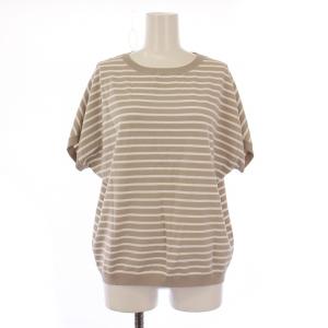 25SS レーヨンポリエステルストレッチプルオーバーニット 半袖 フレンチスリーブ ボーダー柄 38 ベージュ