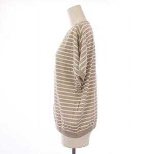 23区 25SS レーヨンポリエステルストレッチプルオーバーニット 半袖 フレンチスリーブ ボーダー柄 38 ベージュ