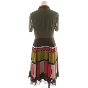 VALENTINO ワンピース ロング丈 半袖 スカラップ シルク 絹 38 マルチカラー カーキ ピンク 茶 ブラウン 黄
