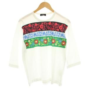 AD2016 チロリアン風刺繍プリント七分丈Tシャツ カットソー 花柄 M 白 ホワイト TR-T044