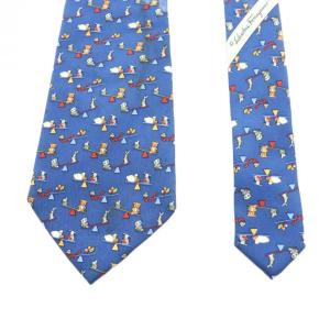 Salvatore Ferragamo ワイドタイ ネクタイ 総柄 アニマル柄 シルク 絹 紺 ネイビー /AN19 OH