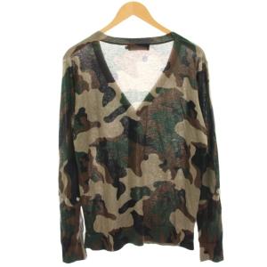 HYDROGEN ニットカーディガン 長袖 絹 シルク カシミヤ混 カモフラ 迷彩 ロゴ刺繍 L ベージュ 緑 グリーン