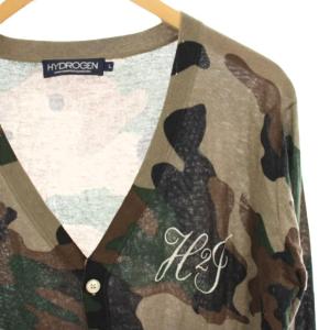 HYDROGEN ニットカーディガン 長袖 絹 シルク カシミヤ混 カモフラ 迷彩 ロゴ刺繍 L ベージュ 緑 グリーン