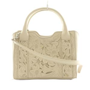 2WAY ハンドバッグ ショルダーバッグ スクエアボストンバッグ レザー フラワーモチーフ ベージュ /NQ