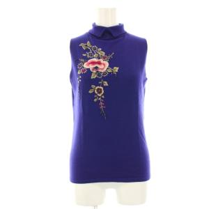 ニット カットソー ノースリーブ 絹 シルク混 ハイネック 花刺繍 0 紫 パープル 016-270701
