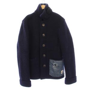 ニットジャケット スタンドカラー アウター ウール 切替 3 紺 ネイビー /BB
