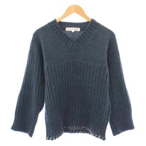 ニット セーター 長袖 Vネック ウール 無地 S 青 ブルー /BB
