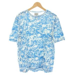 Tシャツ カットソー クルーネック 半袖 ロゴプリント 総柄 M 水色 ライトブルー 白 ホワイト /YT
