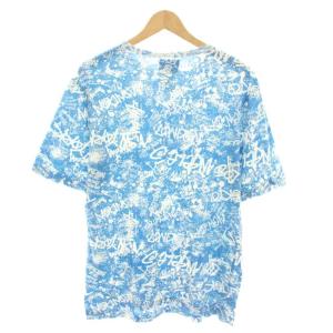 STUSSY Tシャツ カットソー クルーネック 半袖 ロゴプリント 総柄 M 水色 ライトブルー 白 ホワイト /YT