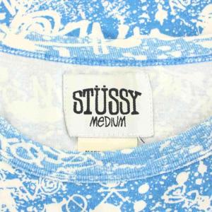 STUSSY Tシャツ カットソー クルーネック 半袖 ロゴプリント 総柄 M 水色 ライトブルー 白 ホワイト /YT