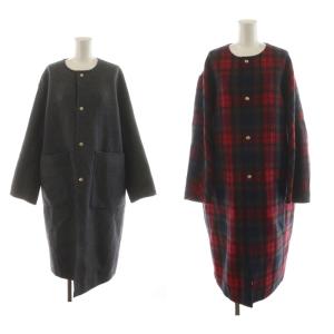 ノーカラーコート チェック柄 リバーシブル 36 グレー レッド