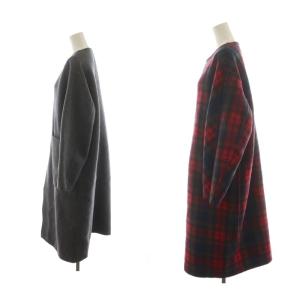 Drawer ノーカラーコート チェック柄 リバーシブル 36 グレー レッド