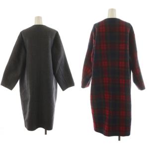 Drawer ノーカラーコート チェック柄 リバーシブル 36 グレー レッド