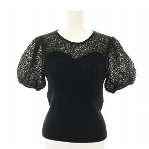 25SS レーシーニットビスチェプルオーバー ニット セーター 半袖 レース切替 パフスリーブ 2 黒