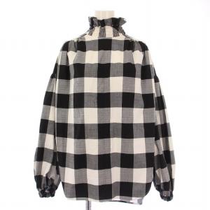 シャツ ブラウス プルオーバー 長袖 ハイネック チェック柄 リボン F 黒 ブラック 白 ホワイト グレー