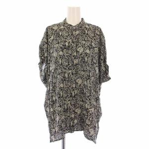 25SS DEVEAUX GOLDラメモノトーンシャツ ブラウス 半袖 バンドカラー 総柄 F 黒 ブラック