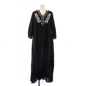 フレアワンピース ミモレ ロング 七分袖 Vネック 刺繍 F 黒 ブラック /BB