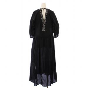 NE QUITTEZ PAS! フレアワンピース ミモレ ロング 七分袖 Vネック 刺繍 F 黒 ブラック /BB