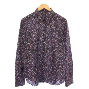 カジュアルシャツ 長袖 レギュラーカラー 花柄 総柄 XL 紫 パープル 黒 ブラック /BB
