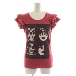 KISS Tシャツ カットソー 半袖 フリル プリント F ピンク 黒 ブラック 0161CT22 /AN33