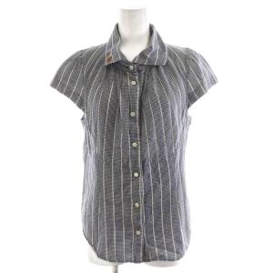 シャツ ブラウス 半袖 チェック柄 刺繍 S 紺 ネイビー 白 ホワイト 0161AH09 /AN39