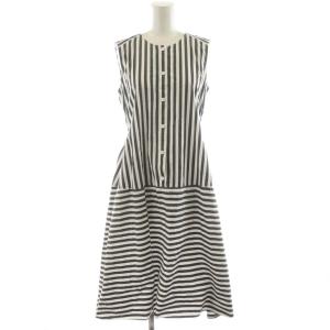 ワンピース ひざ丈 ノースリーブ ストライプ柄 リボン 38 チャコールグレー 白 ホワイト 101615-14-180-94-380