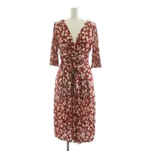 ワンピース ひざ丈 花柄 Vネック 七分袖 絹 シルク100％ 2 レッド /NQ