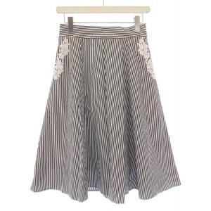 フレアスカート ミモレ ロング レース 刺繍 花柄 ストライプ柄 34 黒 ブラック 白 ホワイト /BB