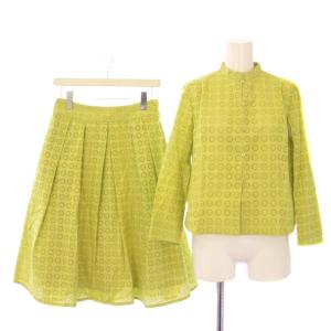 セットアップ 上下 ブラウス シャツ 七分袖 スタンドカラー フレアスカート ひざ丈 フラワー柄 刺繍