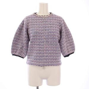ツイードジャケット 七分袖 ショート丈 ウール混 34 ピンク ブルー