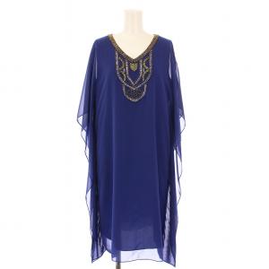 ワンピース ひざ丈 フレンチスリーブ シアー シースルー Vネック ビーズ 装飾 1 青 ブルー /BB