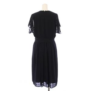 Paul Stuart ウィンドーカットジャカード ワンピース ひざ丈 半袖 ウエストリボン 4 紺 K1J24-156-28