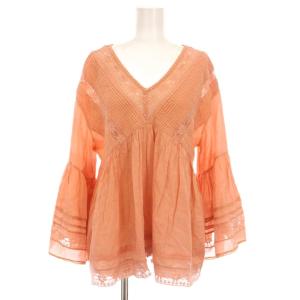 LACE/VOIL V NECK TOP レース Vネック ブラウス プルオーバー シャツ 長袖 サーモンピンク