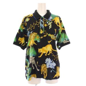 ポロシャツ 半袖 レギュラーカラー ハーフボタン ストレッチ 総柄 L 黒 ブラック マルチカラー /BB